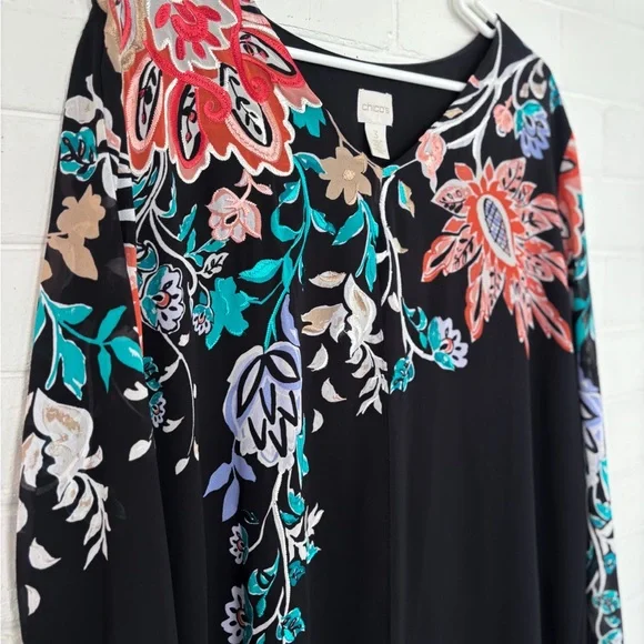 Chico's Size 3 Black Semi Sheer Bohemian Top Chiffon Multicolor Floral Chicos XL - Picture 5 of 6